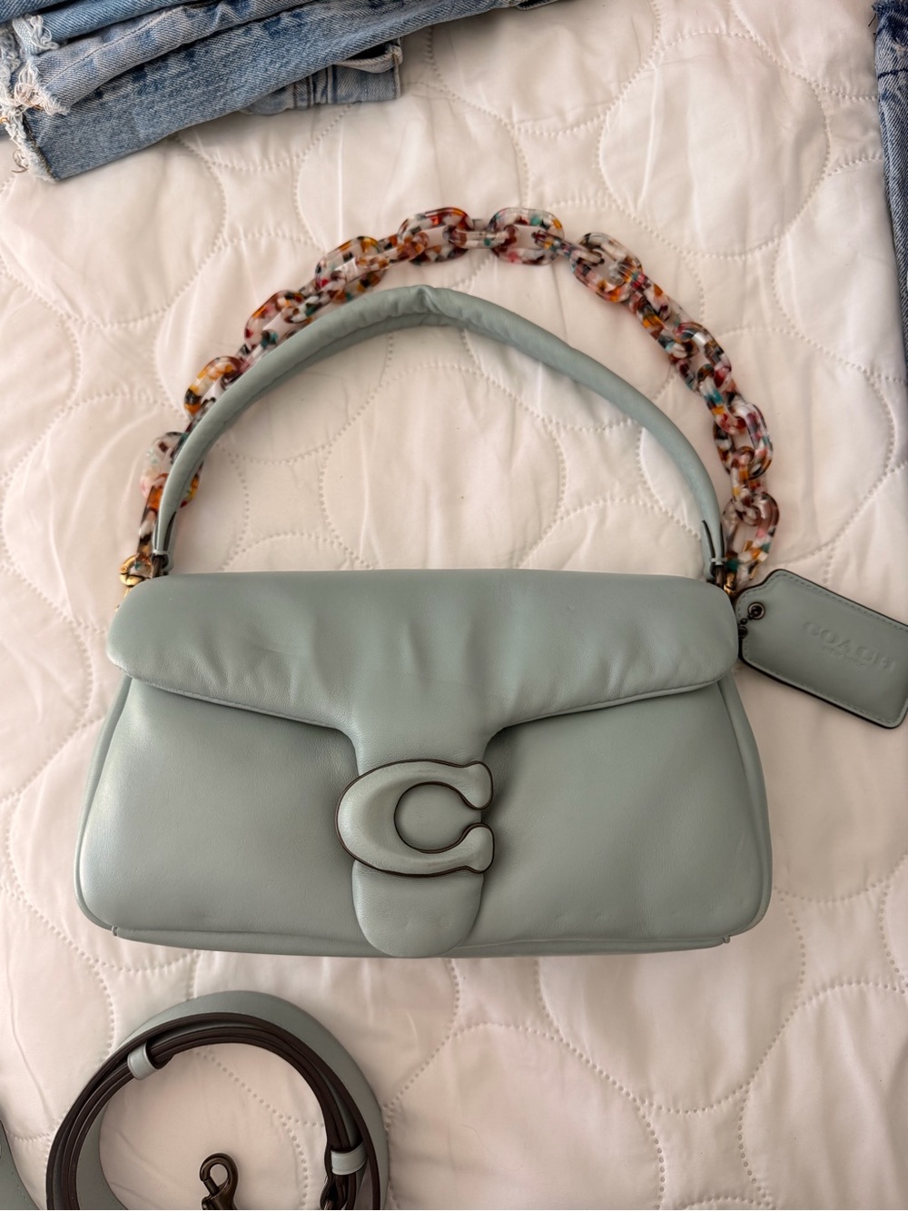 Coach Pillow Tab Shoulder Bag – Pale Blue w/ Resin Chain Strap & Crossbody Strap